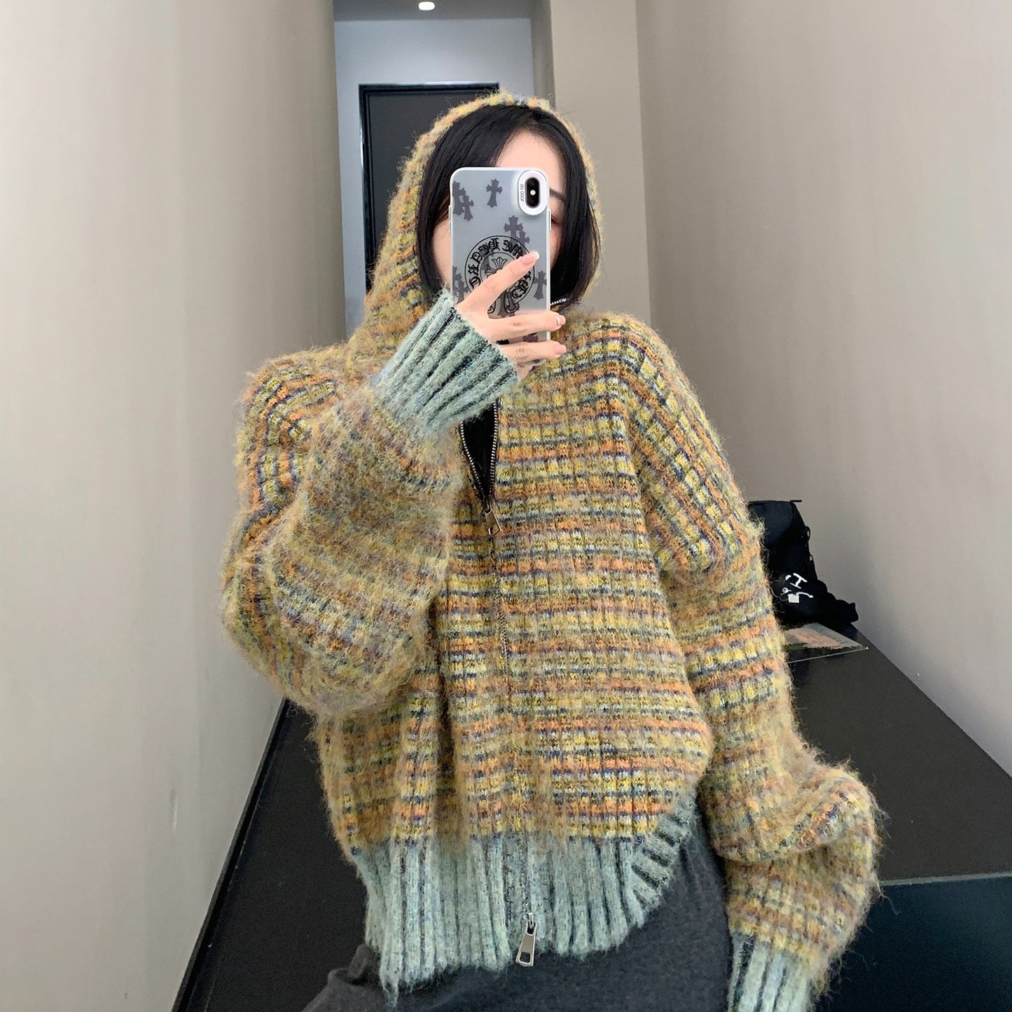 【トップス】🧸 レトロボーダーショートニットパーカー レディース 冬新作 小洒落感たっぷりの厚手カーデ【FCシリーズ】