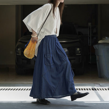 【ボトムス】初秋新作 日系デザイン×切り替えポケット付きデニムロングスカート｜落ち感のある素材で大人っぽく決まる一枚【JZシリーズ】