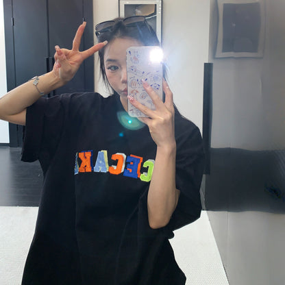 【トップス】ドーパミンカラー  ミニマル ワッペン刺繍 オーバーサイズ  Ｔシャツ  【FCシリーズ】