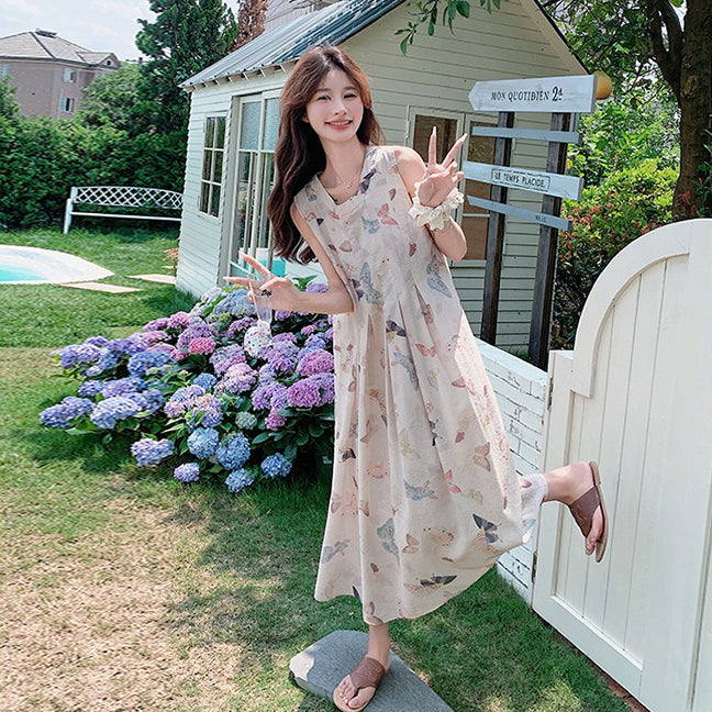 【ワンピース】蝶柄 花柄ノースリーブワンピース レディース 夏 ゆったり リゾート風 バックレス エレガントロングドレス【SHシリーズ】