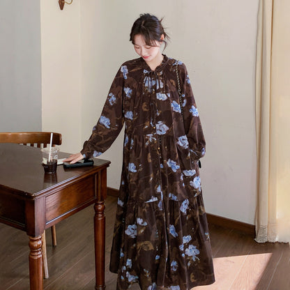 【ワンピース】ヴィンテージ風 フリルカラー 花柄 長袖ワンピース 2026春新作 小柄向け ロング丈【SHシリーズ】