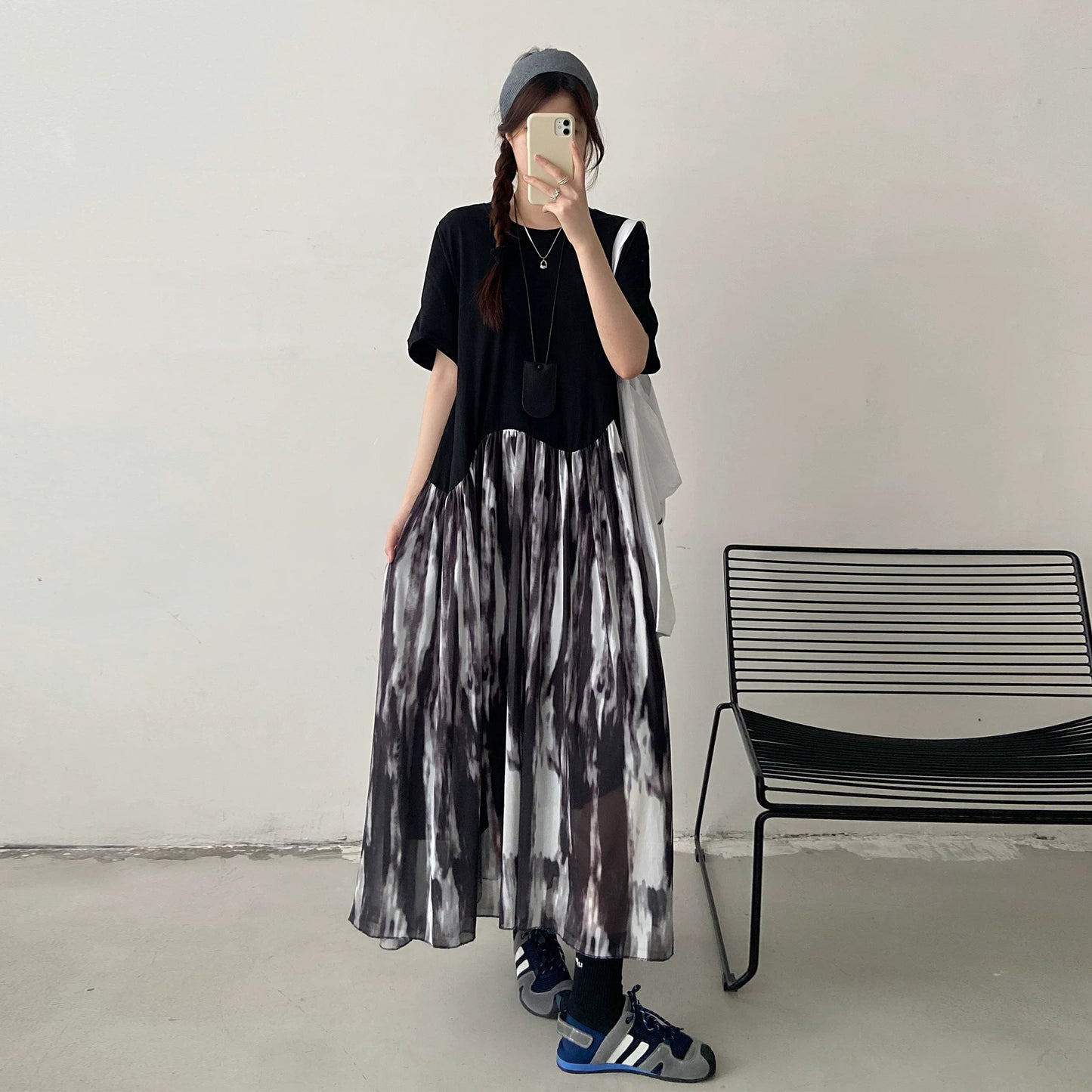 【ワンピース】レイヤード風ロングTシャツワンピース レディース 夏 ブラック グラデーションデザイン 半袖 ゆったり体型カバー カジュアルワンピース【JZシリーズ】