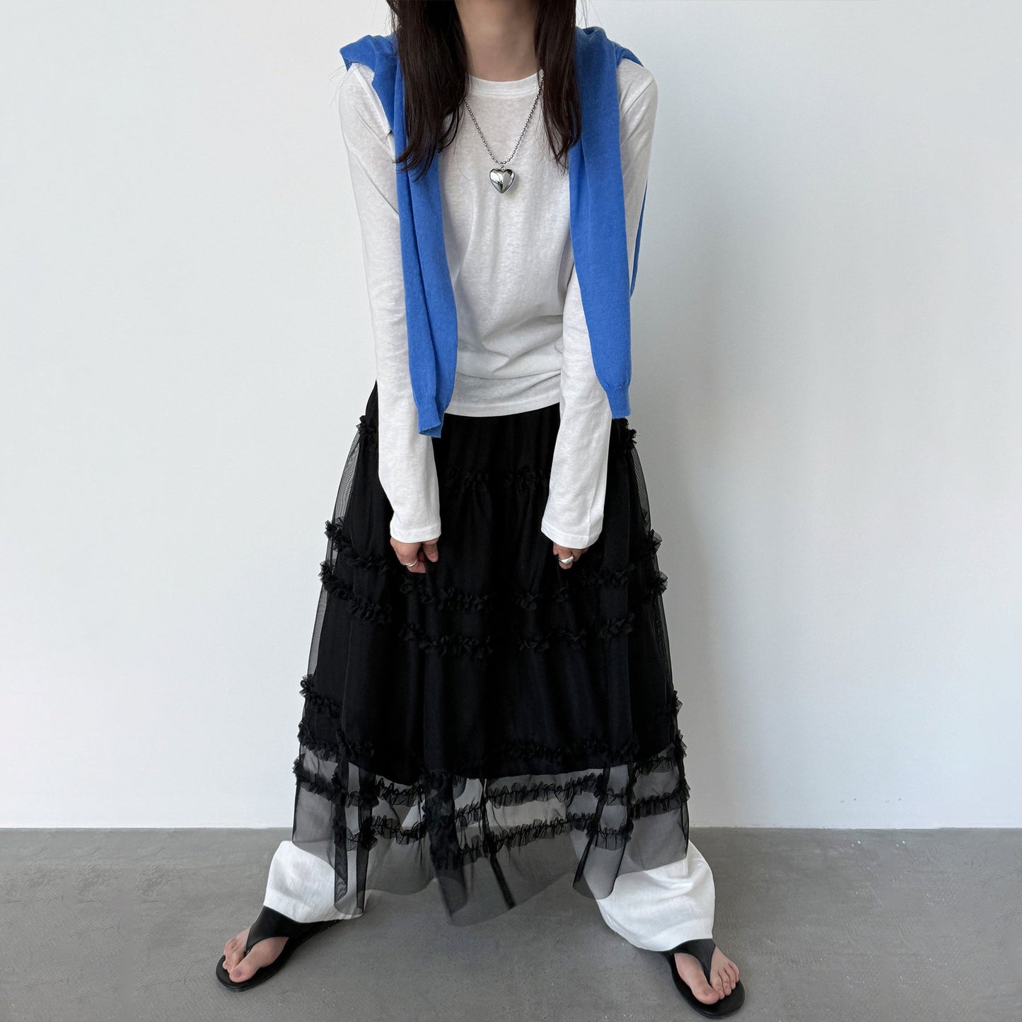 【ボトムス】上品シアー素材 フリルデザイン フェミニンロングスカート レディース 春新作 Aライン スカート【JZシリーズ】