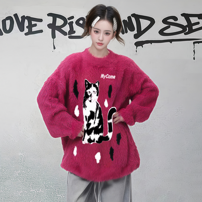 【トップス】猫モチーフ ふわふわ モヘア風 ニットセーター レディース ゆったり ふわもこ ニット・セーター【FCシリーズ】