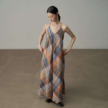 【ワンピース】フレンチヴィンテージ風 ロマンチック カラーヤーンチェック柄 ノースリーブ オフショルダーワンピース【SHシリーズ】