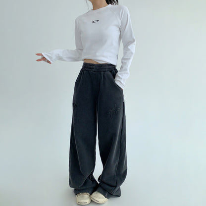 【ボトムス】韓国風 ヴィンテージライク デニムパンツ レディース 直筒＆刺繍入り【FCシリーズ】