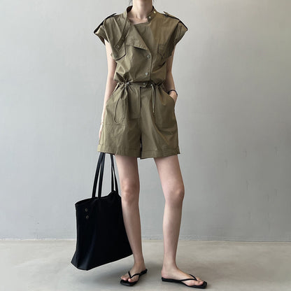 【ボトムス】ハイウエスト 夏 ワーク風 オールインワン  スタンドカラー フリルスリーブ シャツ風 ショート丈ジャンプスーツ【JZシリーズ】