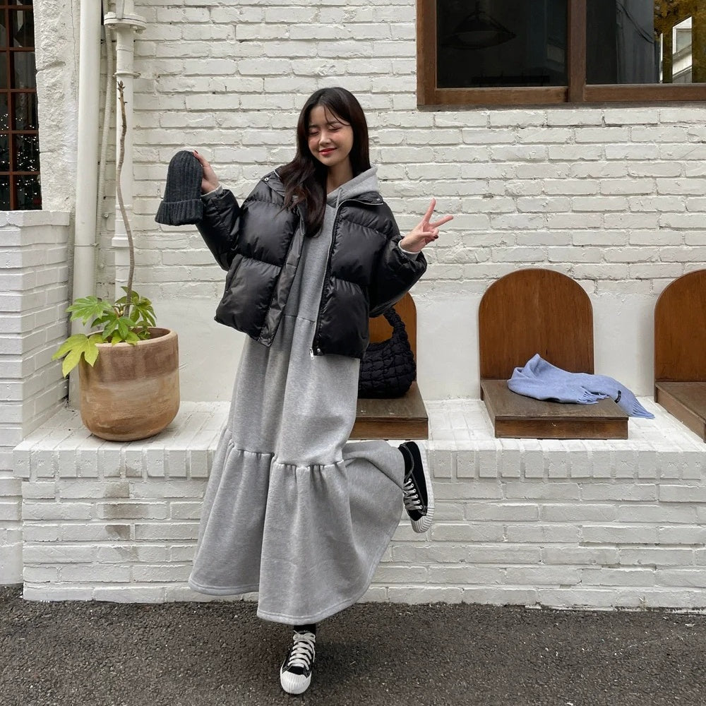 【洋裝】春秋冬寬鬆換季連帽派克大衣長袖連身裙