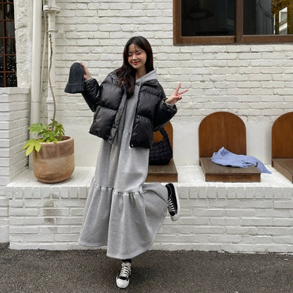 【洋裝】春秋冬寬鬆換季連帽派克大衣長袖連身裙