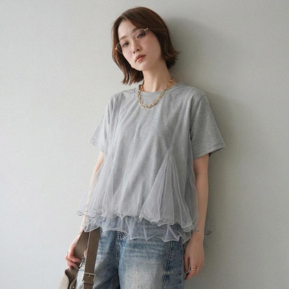 【トップス】Tシャツ 夏 シアー切替 メッシュ 立体デザイン クルーネック きれいめ 通勤 カジュアル【JZシリーズ】