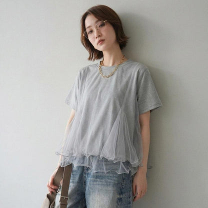 【トップス】Tシャツ 夏 シアー切替 メッシュ 立体デザイン クルーネック きれいめ 通勤 カジュアル【JZシリーズ】