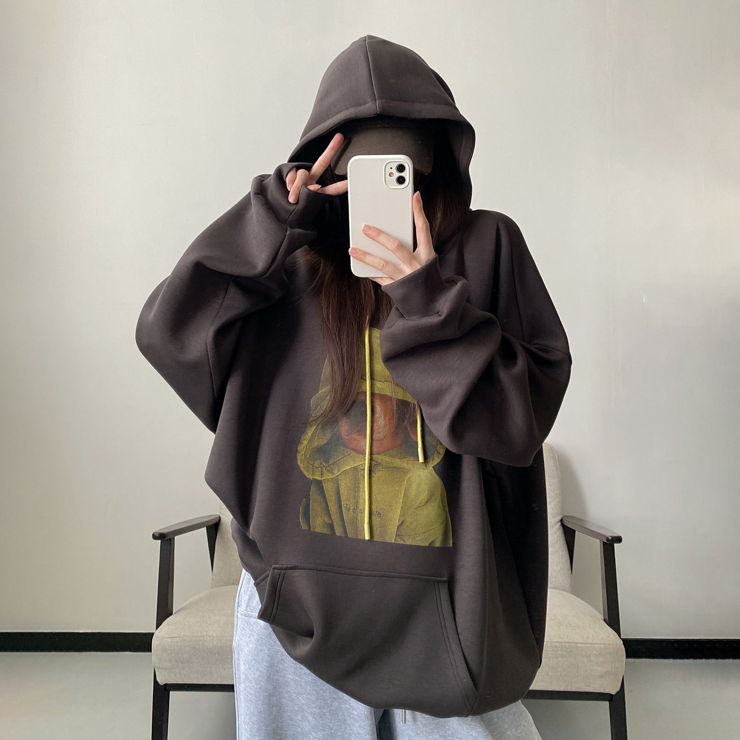 【トップス】ゆるシルエット グリーングレー カートゥーンプリント プルオーバーパーカー【FCシリーズ】