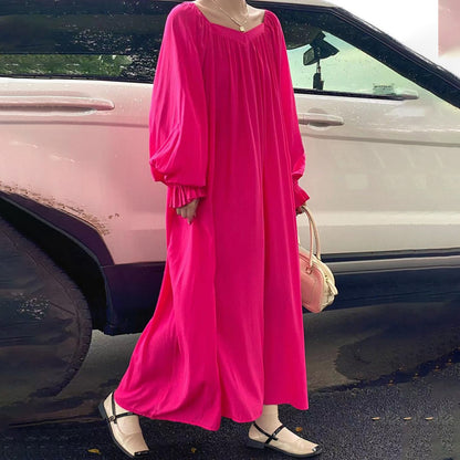 【ワンピース】夏春秋 全7色 韓国風オフショルダー ゆったり シルエットでスリムに見える 長袖ワンピース