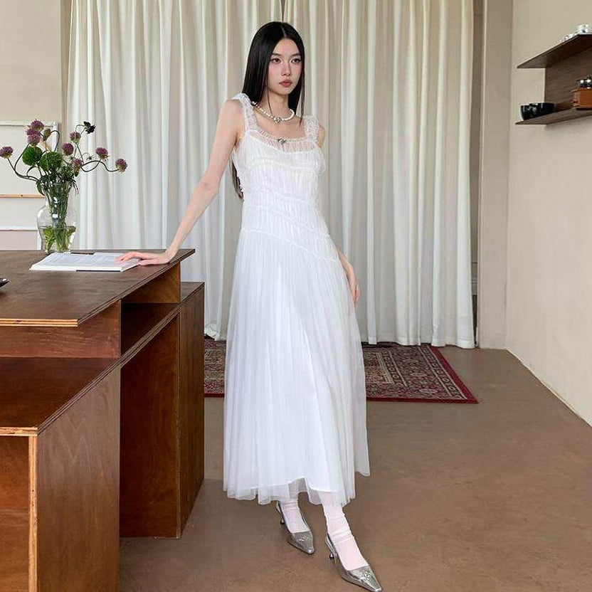 【ワンピース】チュールキャミワンピース 夏新作 軽やか ふんわりボリューム ロング丈 ノースリーブ 無地 レディース【JZシリーズ】