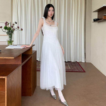 【ワンピース】チュールキャミワンピース 夏新作 軽やか ふんわりボリューム ロング丈 ノースリーブ 無地 レディース【JZシリーズ】