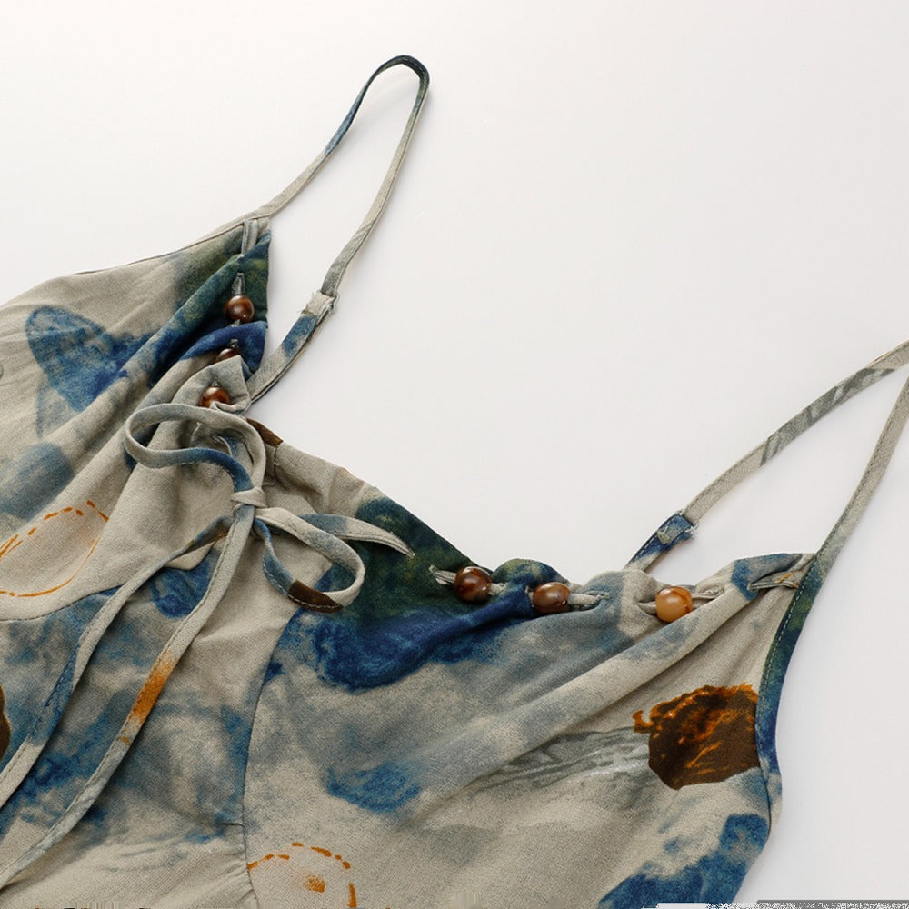 【ワンピース】ブルー アート感漂うアンダートレンドデザイン ノースリーブキャミソールワンピース【SHシリーズ】