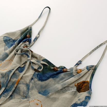 【ワンピース】ブルー アート感漂うアンダートレンドデザイン ノースリーブキャミソールワンピース【SHシリーズ】