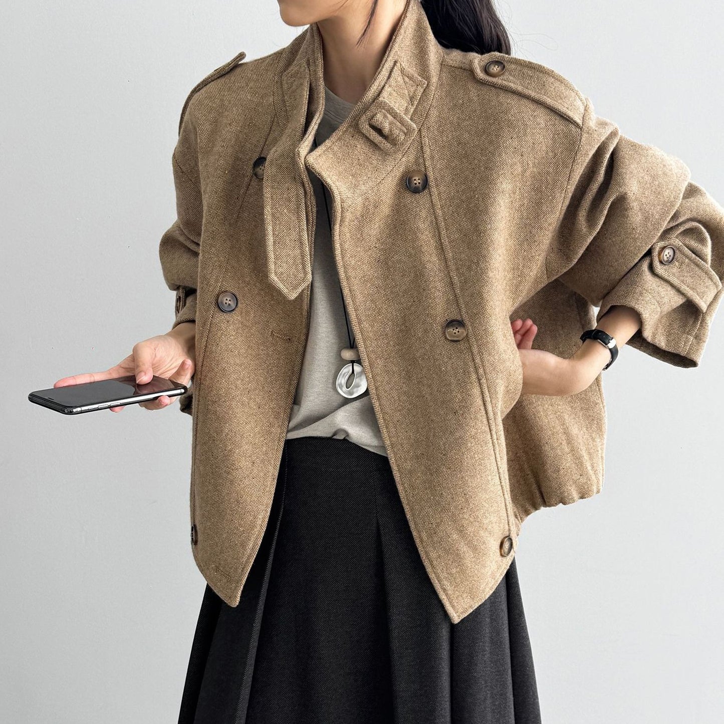 【アウター】秋冬 韓国風 ヴィンテージ感 ウールコート レディース 立ち襟 ジャケット【JZシリーズ】