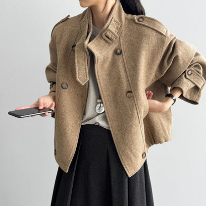 【アウター】秋冬 韓国風 ヴィンテージ感 ウールコート レディース 立ち襟 ジャケット【JZシリーズ】
