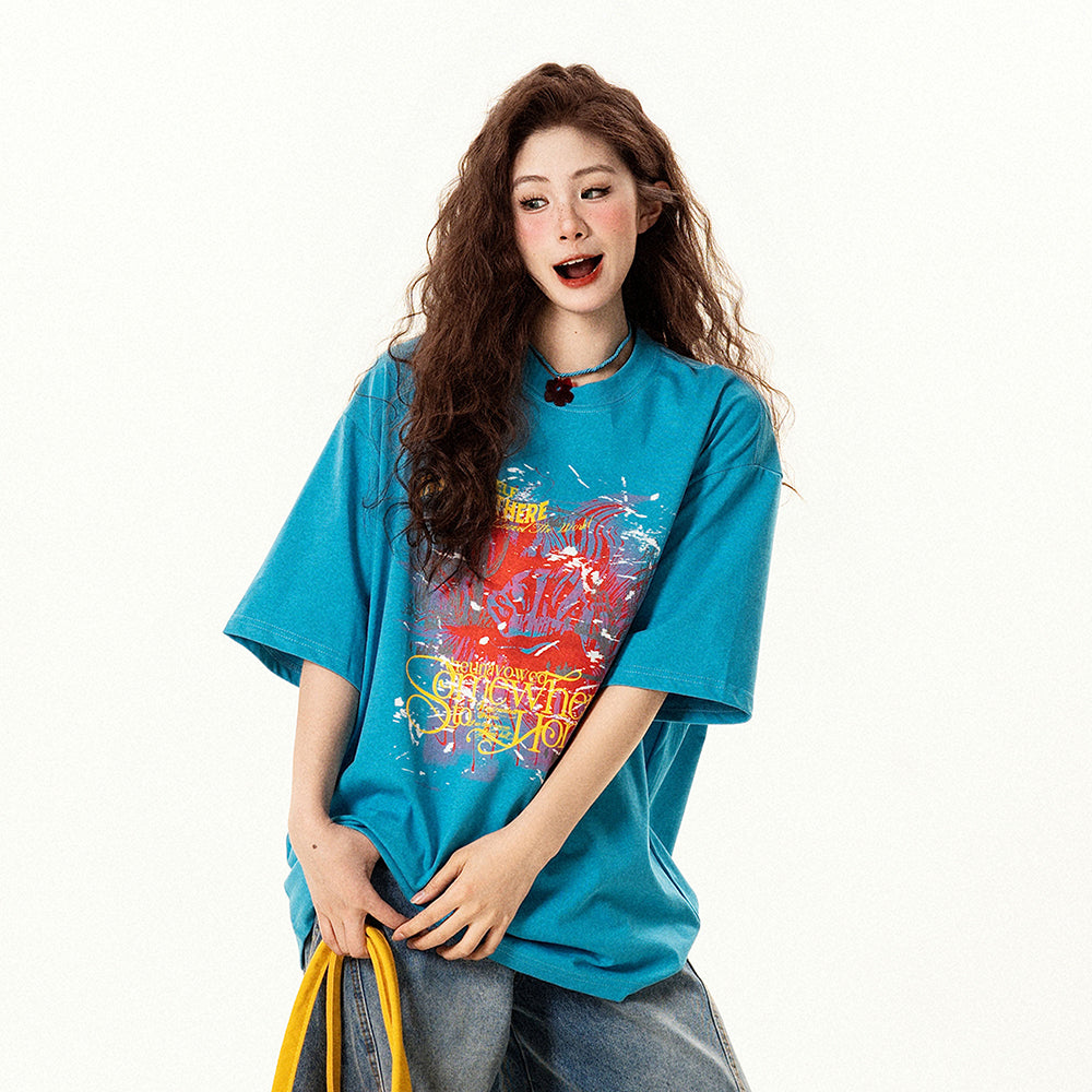 【トップス】レトロデザイン 落書き風 ブルー 半袖Tシャツ レディース 夏 ゆったり カジュアル【FCシリーズ】【15〜20日発送】