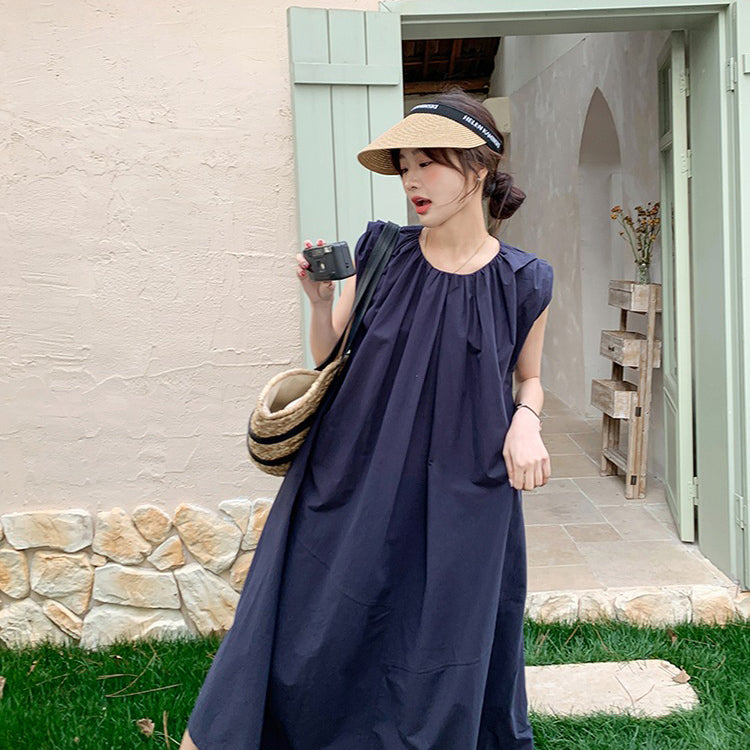 【ワンピース】ネイビーブルー ノースリーブ ワンピース 夏 リラックス系 小規模ブランド おしゃれ ゆったり 万能 ロングドレス【JZシリーズ】