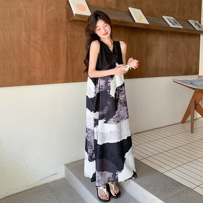 【ワンピース】夏新作 レトロ水墨風プリント リラックス感Vネック ノースリーブワンピース【SHシリーズ】