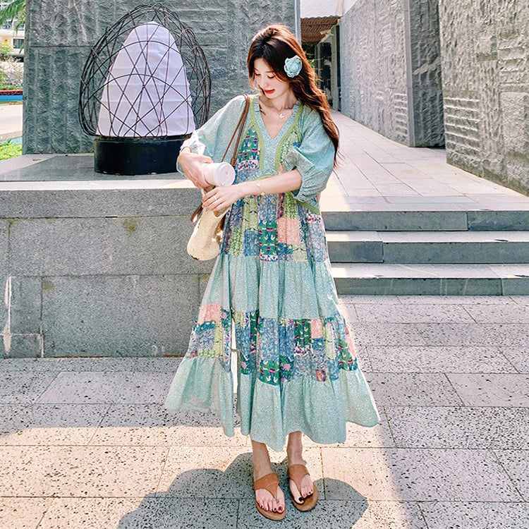 【ワンピース】森ガール風 ロマンチックグリーン切り替え 大裾Vネック 半袖ワンピース【SHシリーズ】