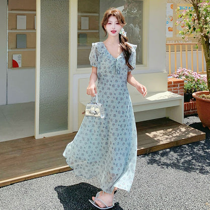 【ワンピース】花柄シフォン 半袖ワンピース｜Vネック 細見え叶う♡フレンチガーリーなAラインドレス【SHシリーズ】