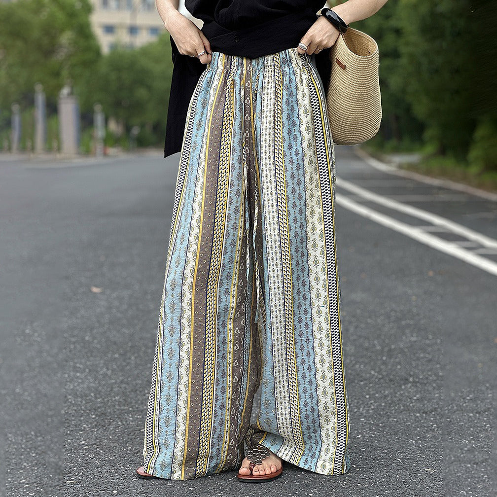 【ボトムス】リゾート風 カジュアルパンツ ハイウエスト ワイドシルエット 薄手 パンツ 美脚見え効果【SHシリーズ】