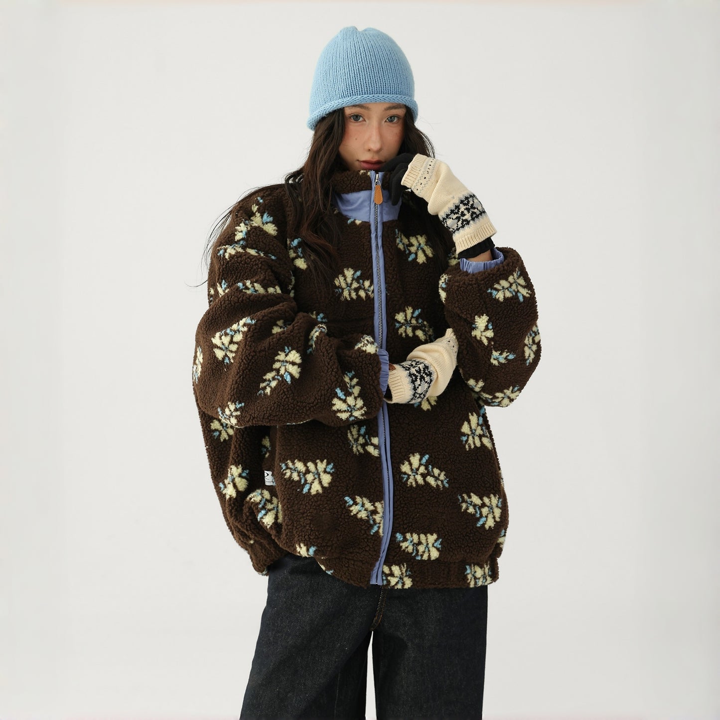 【アウター】レトロ 花柄 厚手 ゆったり スタンドネック ポーラーフリース ジャケット【FCシリーズ】