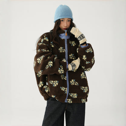 【アウター】レトロ 花柄 厚手 ゆったり スタンドネック ポーラーフリース ジャケット【FCシリーズ】