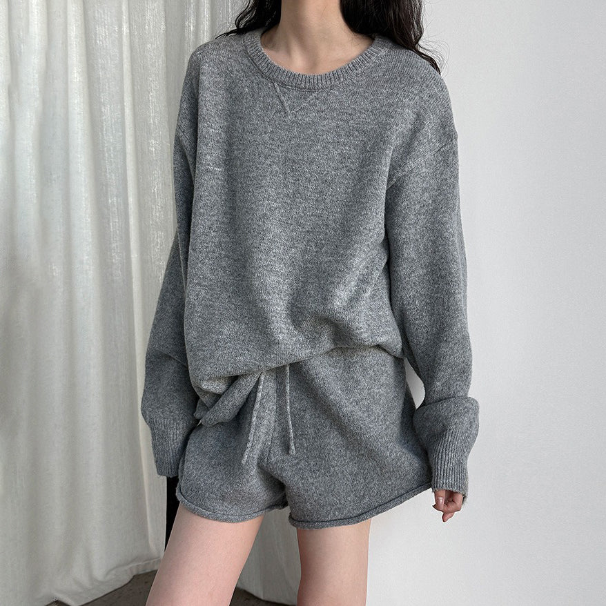 2点セット!【セットアップ】秋新作 韓国風ふんわりウール混ニットトップス＋ショートパンツ 上下セット【JZシリーズ】