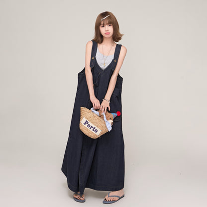 【ワンピース】夏 トレンド感漂う レトロデニム Vネック ノースリーブサロペットワンピース ゆったりシルエット 着痩せ効果【AHシリーズ】