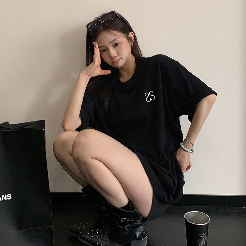 【トップス】ヴィンテージ風 シンプル刺繍Tシャツ 綿100％ レディース 夏 オーバーサイズ 半袖【FCシリーズ】