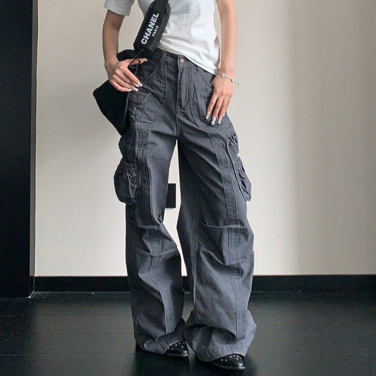 【ボトムス】ストレートカーゴパンツ レディース 秋新作 ウォッシュ加工 レトロ アメカジ デザイン性【FCシリーズ】