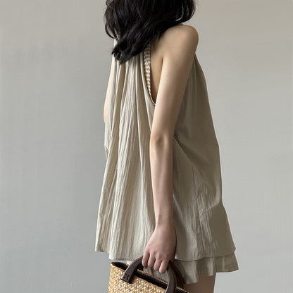 🎉 売り上げ急上昇！2点セット【セットアップ】夏 ラウンドネック フリルギャザー タンクトップ + ショートパンツ 2点上下セット 【JZシリーズ】