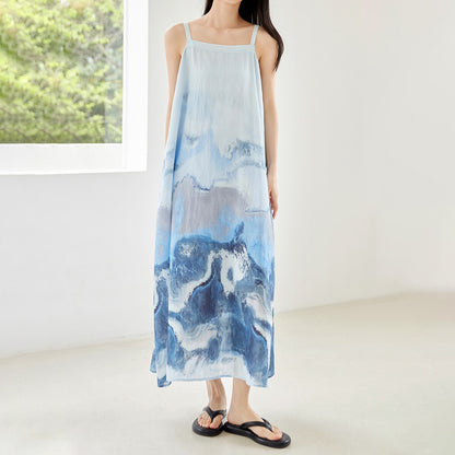 【ワンピース】上品！新中式水墨風 タイダイ柄 Aライン ノースリーブワンピース【SHシリーズ】【JZシリーズ】