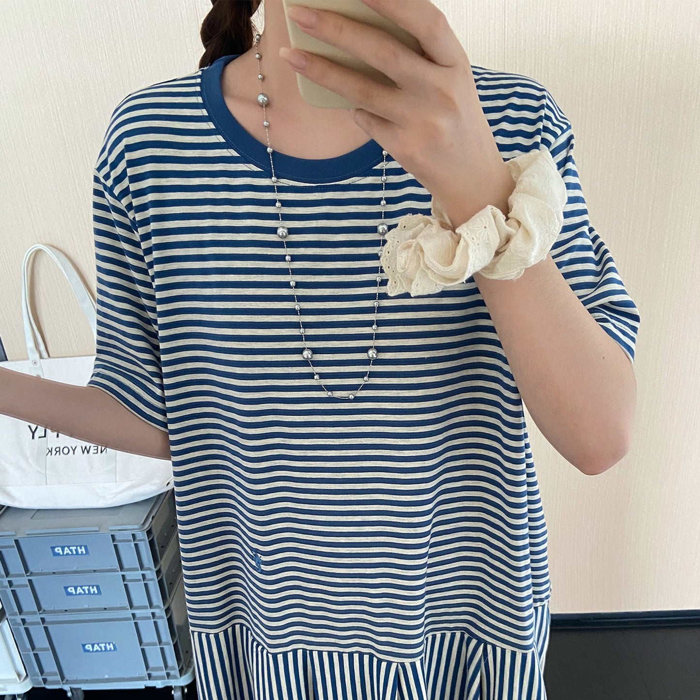 【ワンピース】ボーダー切替Tシャツワンピース レディース 夏 半袖 ロング丈 韓国風 ゆったりシルエット リラックスカジュアル【JZシリーズ】