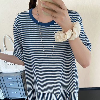 【ワンピース】ボーダー切替Tシャツワンピース レディース 夏 半袖 ロング丈 韓国風 ゆったりシルエット リラックスカジュアル【JZシリーズ】