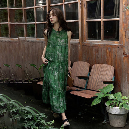 【ワンピース】リゾート風 夏新作 ゆったり細見えデザイン ヴィンテージフラワー ノースリーブワンピース【SHシリーズ】