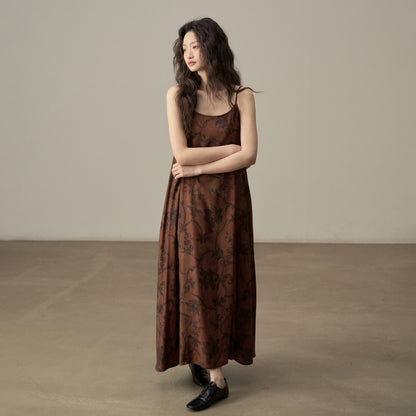 【ワンピース】新中式 ヴィンテージ高級感 プリント 柔らかい素材 リゾート風 ノースリーブワンピース【SHシリーズ】