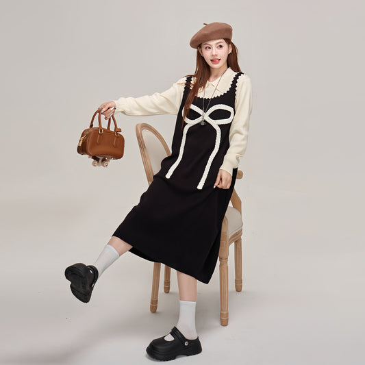 【ワンピース】蝶結びデザイン🎀 ツーピース風ニットワンピ 冬 レディース 上品＆高見え 長袖ワンピース【JZシリーズ】