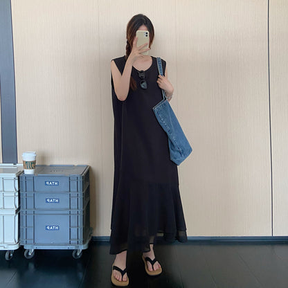 【ワンピース】フェイクレイヤードワンピース レディース 夏 ノースリーブ 重ね着風デザイン ロングワンピース こなれ感【JZシリーズ】
