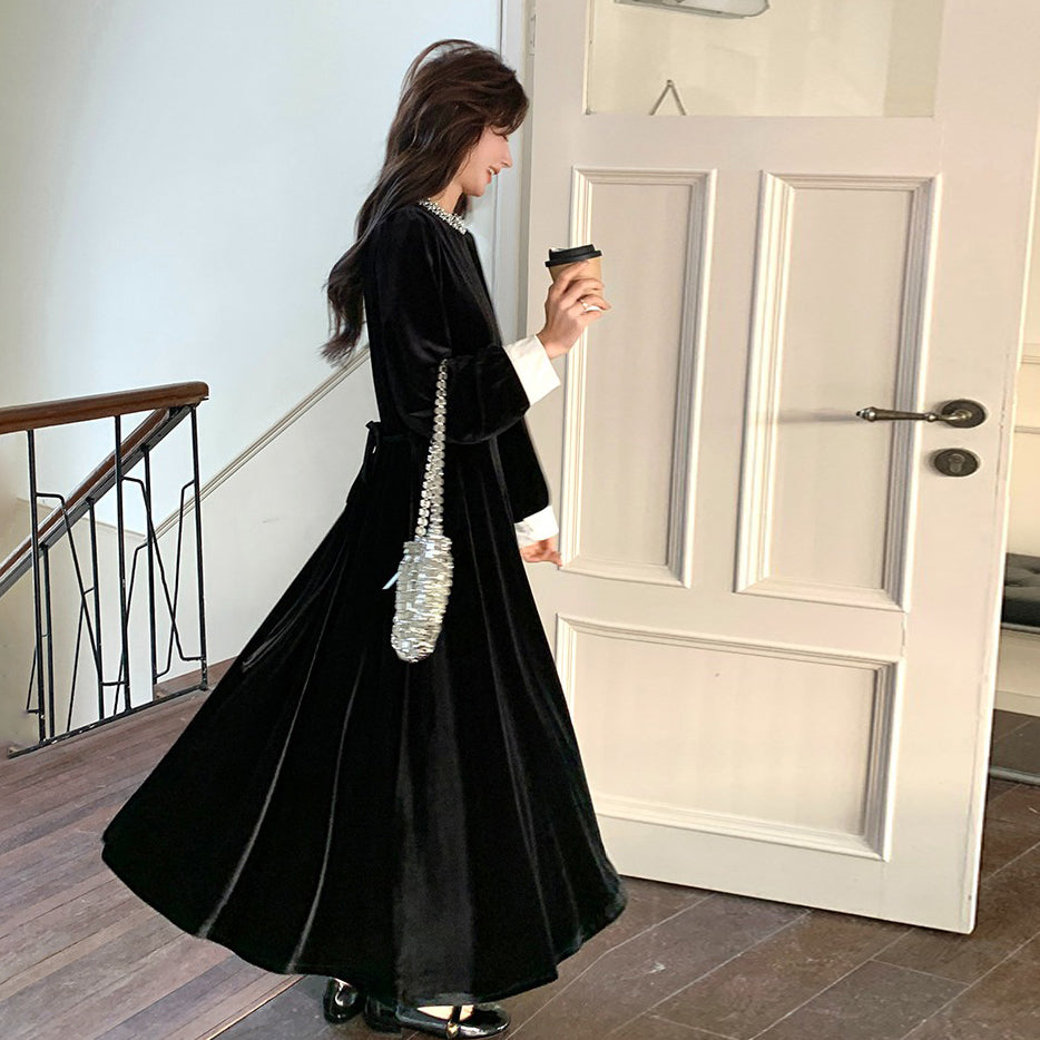 【ワンピース】💖高級感＆ロマンチック♡ヘップバーン風 ベルベット Aライン 長袖ワンピース【JZシリーズ】