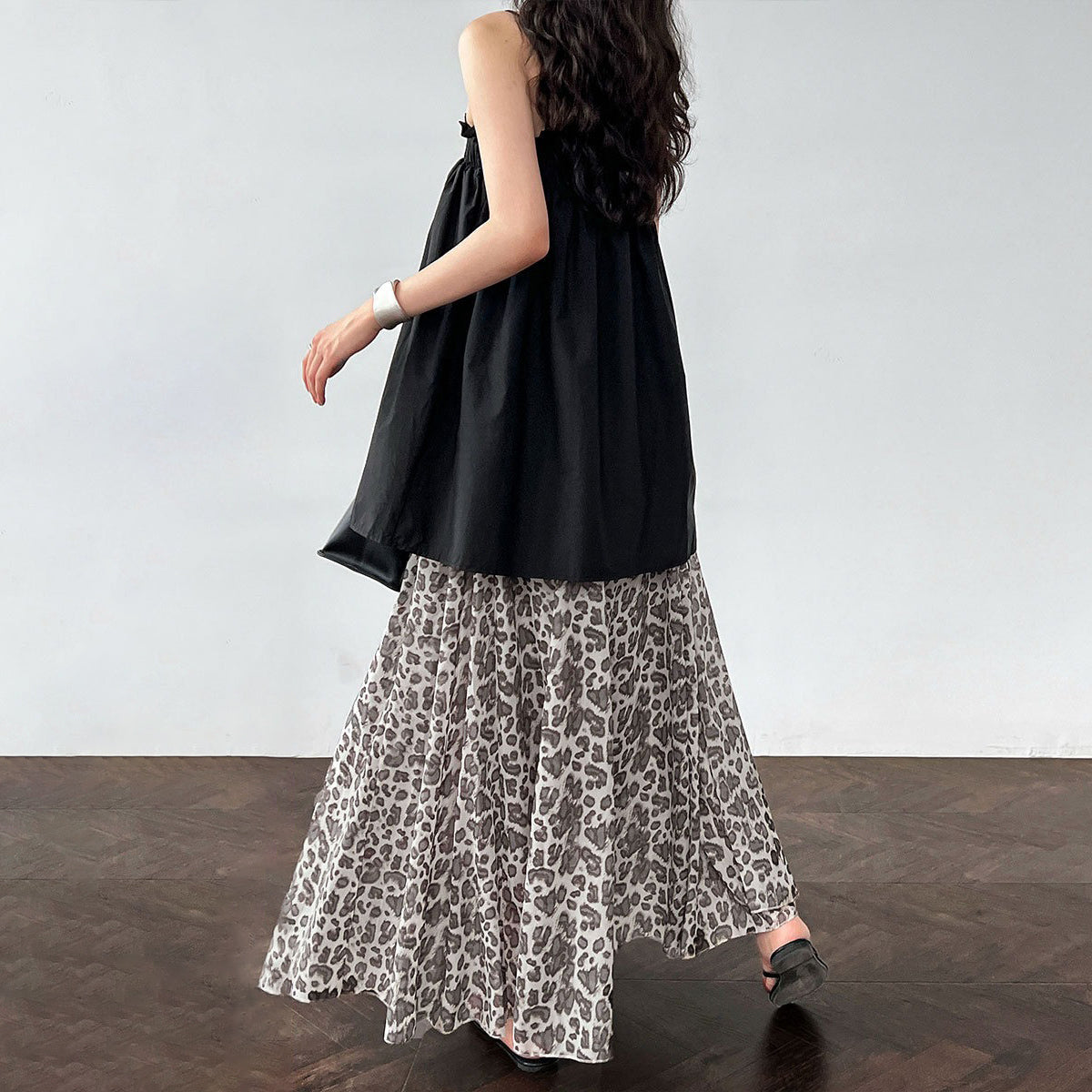 【ボトムス】春夏新作 ハイウエストプリーツスカート レオパード柄 ヒョウ柄 Aライン 着痩せ効果【JZシリーズ】【SHシリーズ】