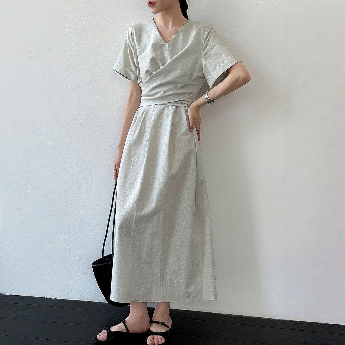 【ワンピース】クロスリボン Aライン コットンリネン 半袖 ワンピース 【JZシリーズ】