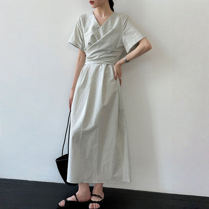 【ワンピース】クロスリボン Aライン コットンリネン 半袖 ワンピース 【JZシリーズ】