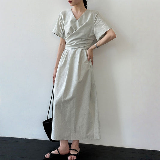 【ワンピース】クロスリボン Aライン コットンリネン 半袖 ワンピース 【JZシリーズ】