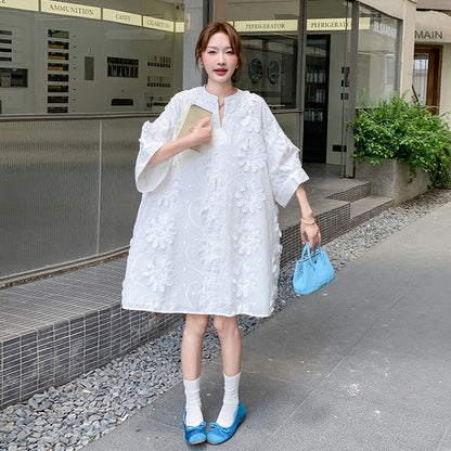 【ワンピース】フレンチヴィンテージ風 立体刺繍半袖ワンピース 大人可愛い＆着やせ見えデザイン【JZシリーズ】