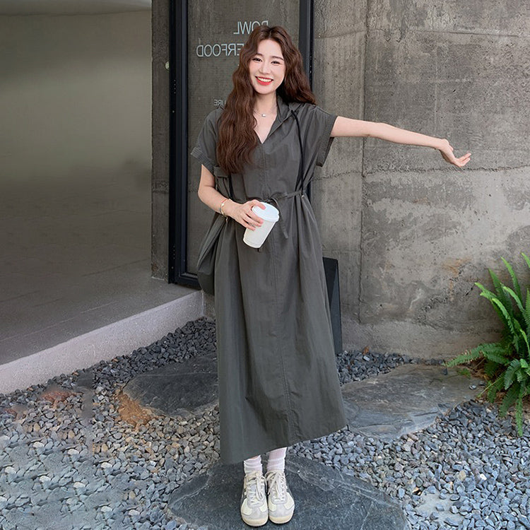 【ワンピース】今季大注目 アメカジ感漂う 半袖 ワークワンピース フード付きロング丈 夏【JZシリーズ】